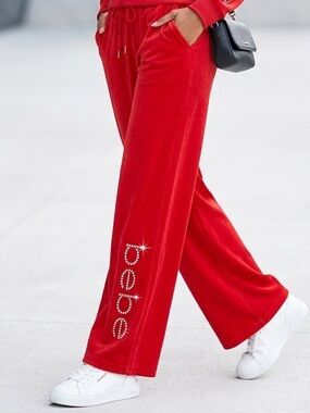 NWT Bebe Rhinestone Logo Wide Leg Sweatpants - Red